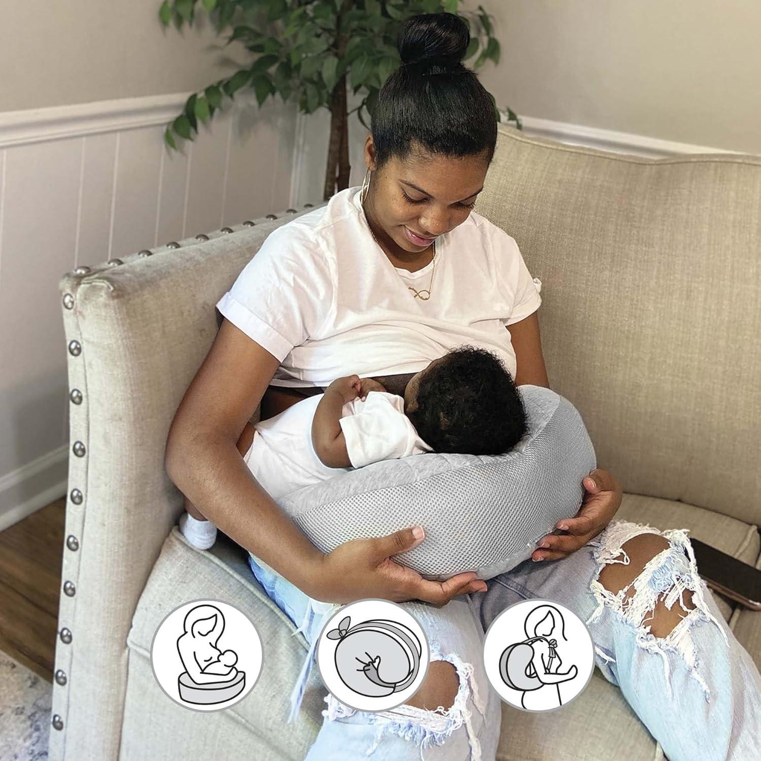 imageBoppy Anywhere Travel Nursing Pillow Soft Gray Plus Sized to Petite with Stretch Belt Portable Nursing Pillow Breastfeeding and BottleFeeding Support Machine WashableSoft Gray