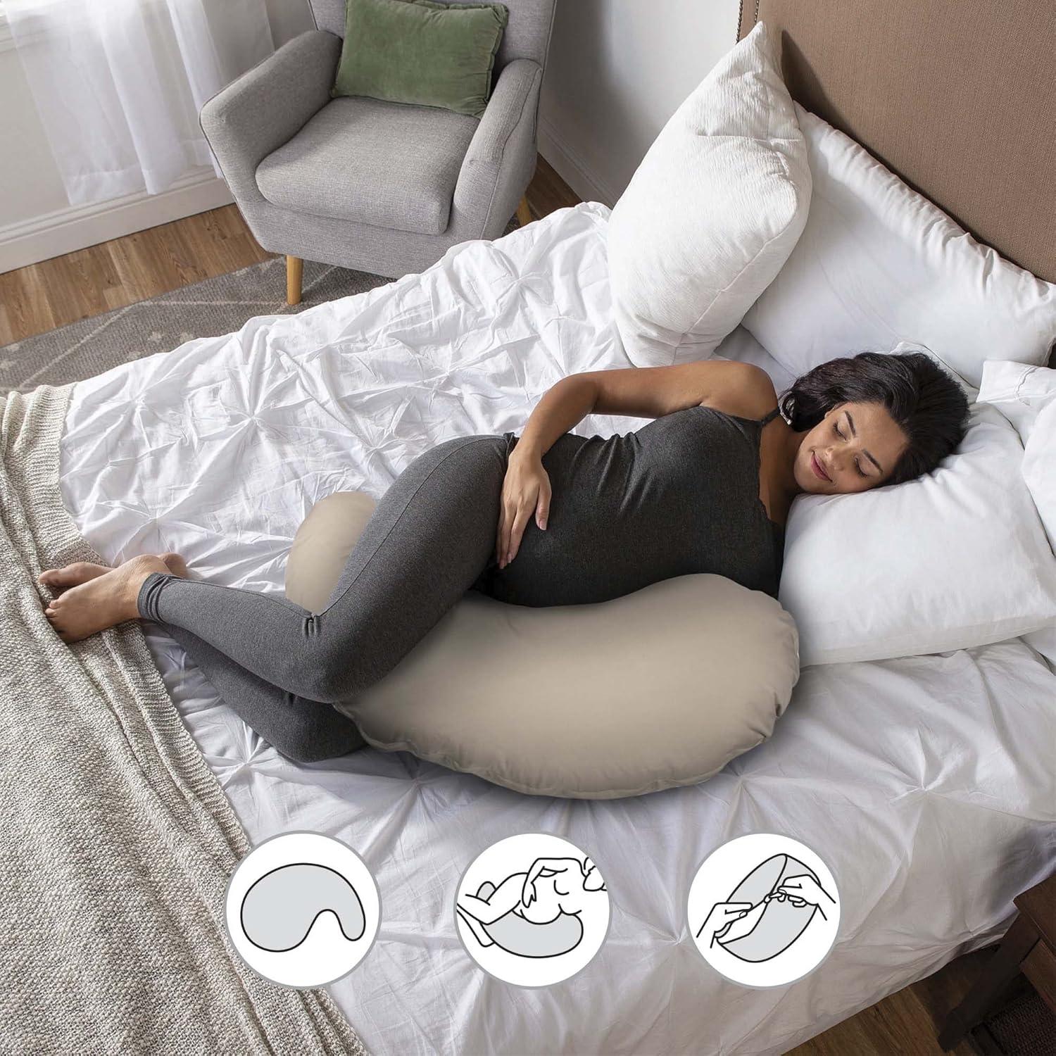 imageBoppy Cuddle Pregnancy Pillow  Compact Ergonomic Maternity Pillow Versatile Support Great Side Sleeper Pillow Washable with Cooling Rayon Cover  Gray Basket WeaveOrganic Biscuit