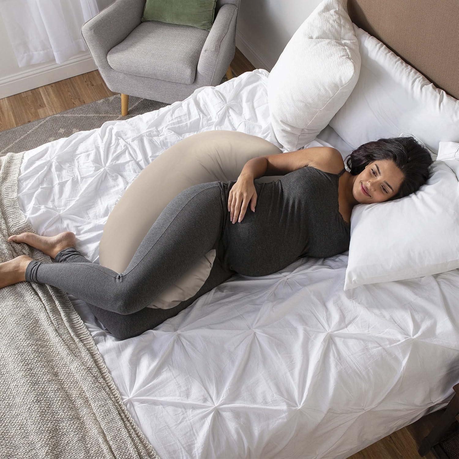 imageBoppy Cuddle Pregnancy Pillow  Compact Ergonomic Maternity Pillow Versatile Support Great Side Sleeper Pillow Washable with Cooling Rayon Cover  Gray Basket WeaveOrganic Biscuit