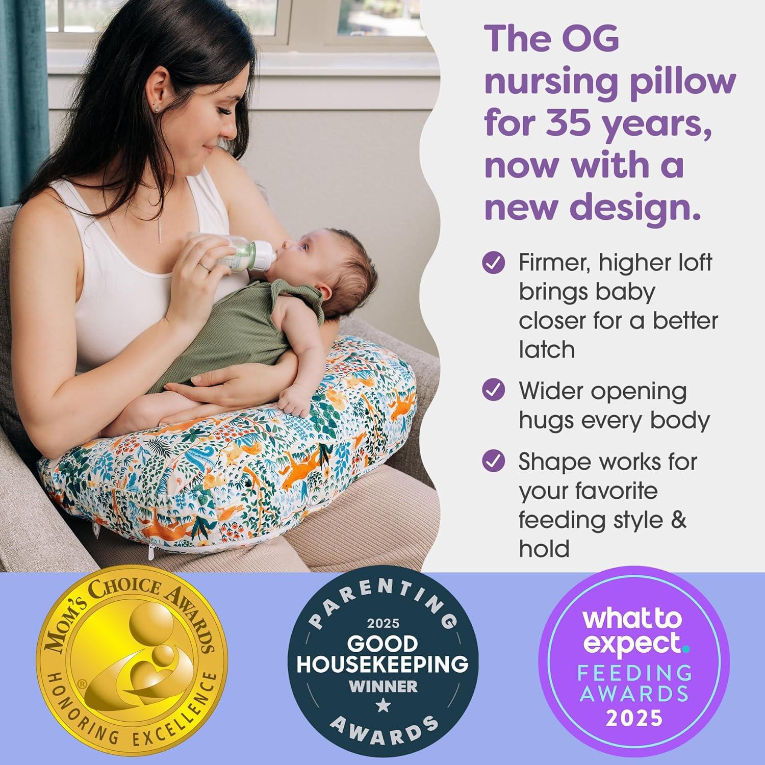 imageBoppy Nursing Pillow  Ergonomic Bottle ampamp Breastfeeding Pillow with High Firm Large Area WaterRepellent Cushion with Washable Cover Baby Safety Alliance Verified  Oatmeal BoucleColorful Forest Animals
