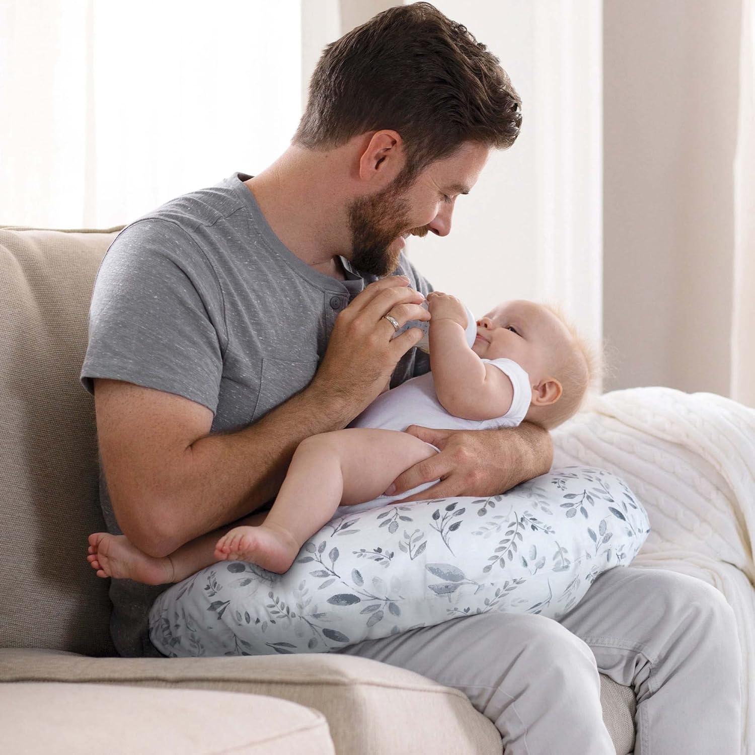 imageBoppy Nursing Pillow  Ergonomic Bottle ampamp Breastfeeding Pillow with High Firm Large Area WaterRepellent Cushion with Washable Cover Baby Safety Alliance Verified  Oatmeal BoucleGray Taupe Leaves
