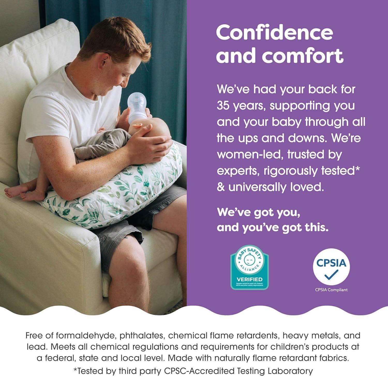 imageBoppy Nursing Pillow  Ergonomic Bottle ampamp Breastfeeding Pillow with High Firm Large Area WaterRepellent Cushion with Washable Cover Baby Safety Alliance Verified  Oatmeal BoucleGreen Sage Leaf