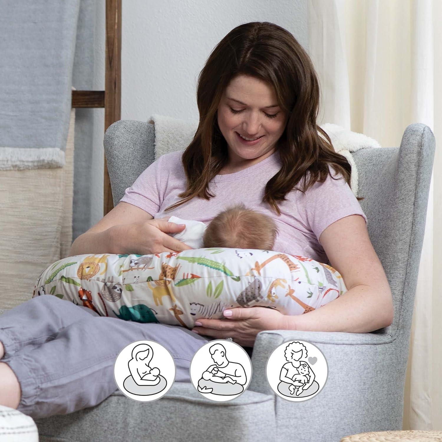imageBoppy Nursing Pillow  Ergonomic Bottle ampamp Breastfeeding Pillow with High Firm Large Area WaterRepellent Cushion with Washable Cover Baby Safety Alliance Verified  Oatmeal BoucleNeutral Jungle Colors