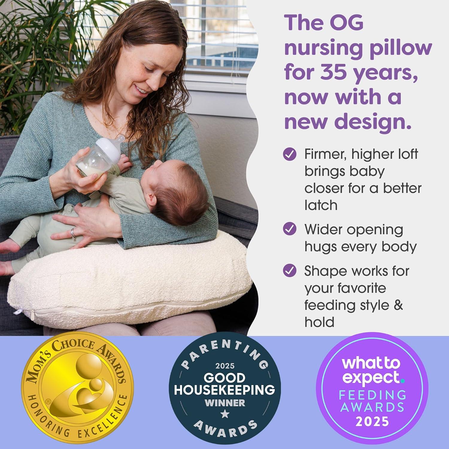 imageBoppy Nursing Pillow  Ergonomic Bottle ampamp Breastfeeding Pillow with High Firm Large Area WaterRepellent Cushion with Washable Cover Baby Safety Alliance Verified  Oatmeal BoucleLuxe  Oatmeal Boucle
