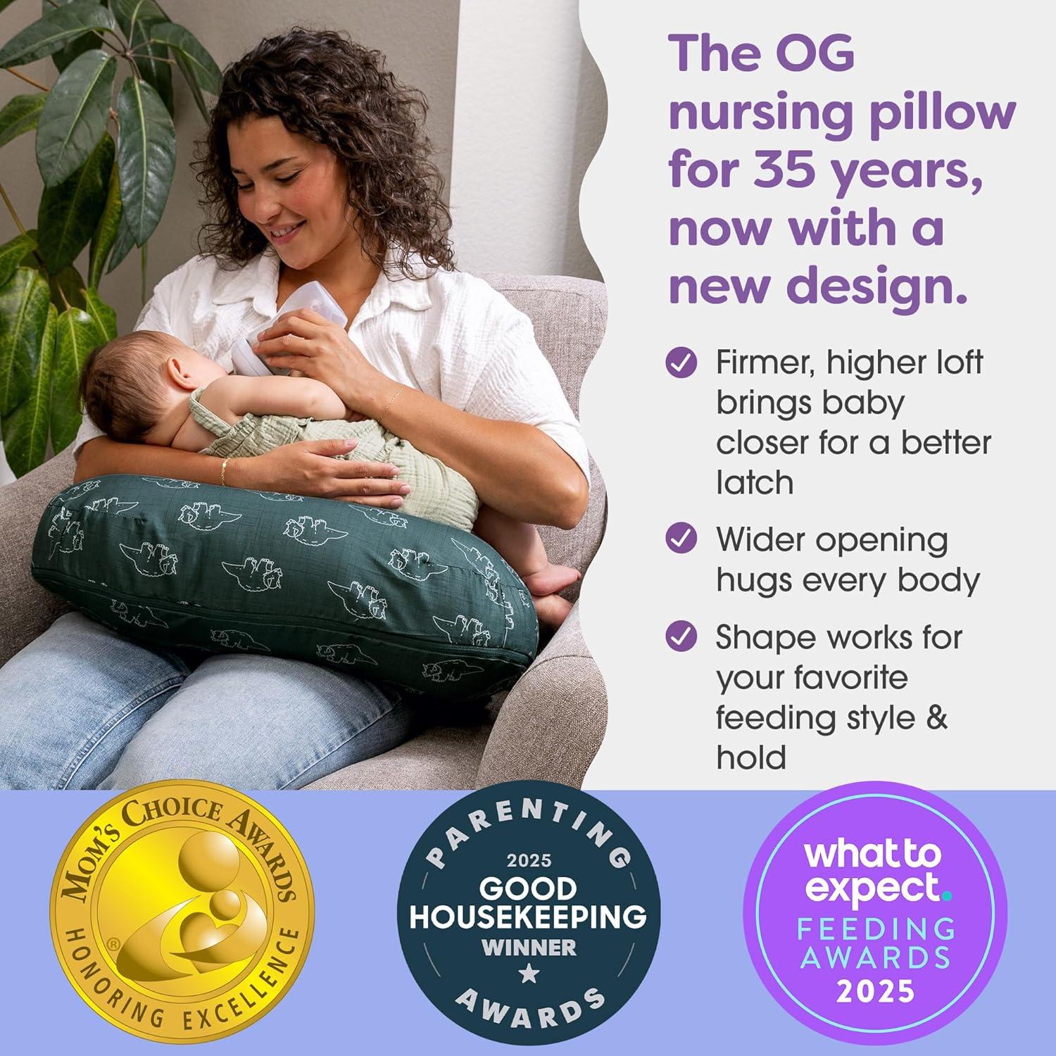 imageBoppy Nursing Pillow  Ergonomic Bottle ampamp Breastfeeding Pillow with High Firm Large Area WaterRepellent Cushion with Washable Cover Baby Safety Alliance Verified  Oatmeal BoucleForest Green Dinos