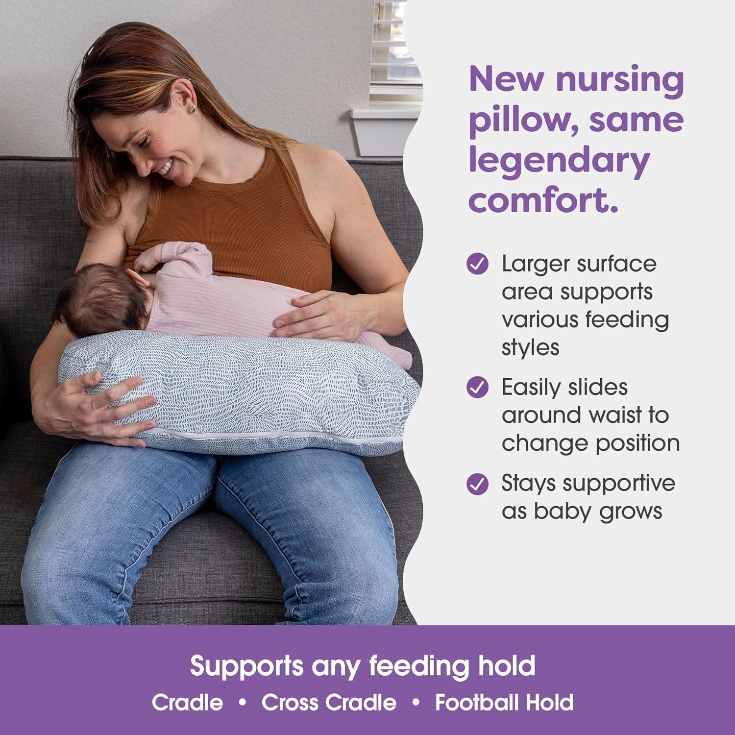 imageBoppy Nursing Pillow  Ergonomic Bottle ampamp Breastfeeding Pillow with High Firm Large Area WaterRepellent Cushion with Washable Cover Baby Safety Alliance Verified  Oatmeal BoucleBlue Speckled Current