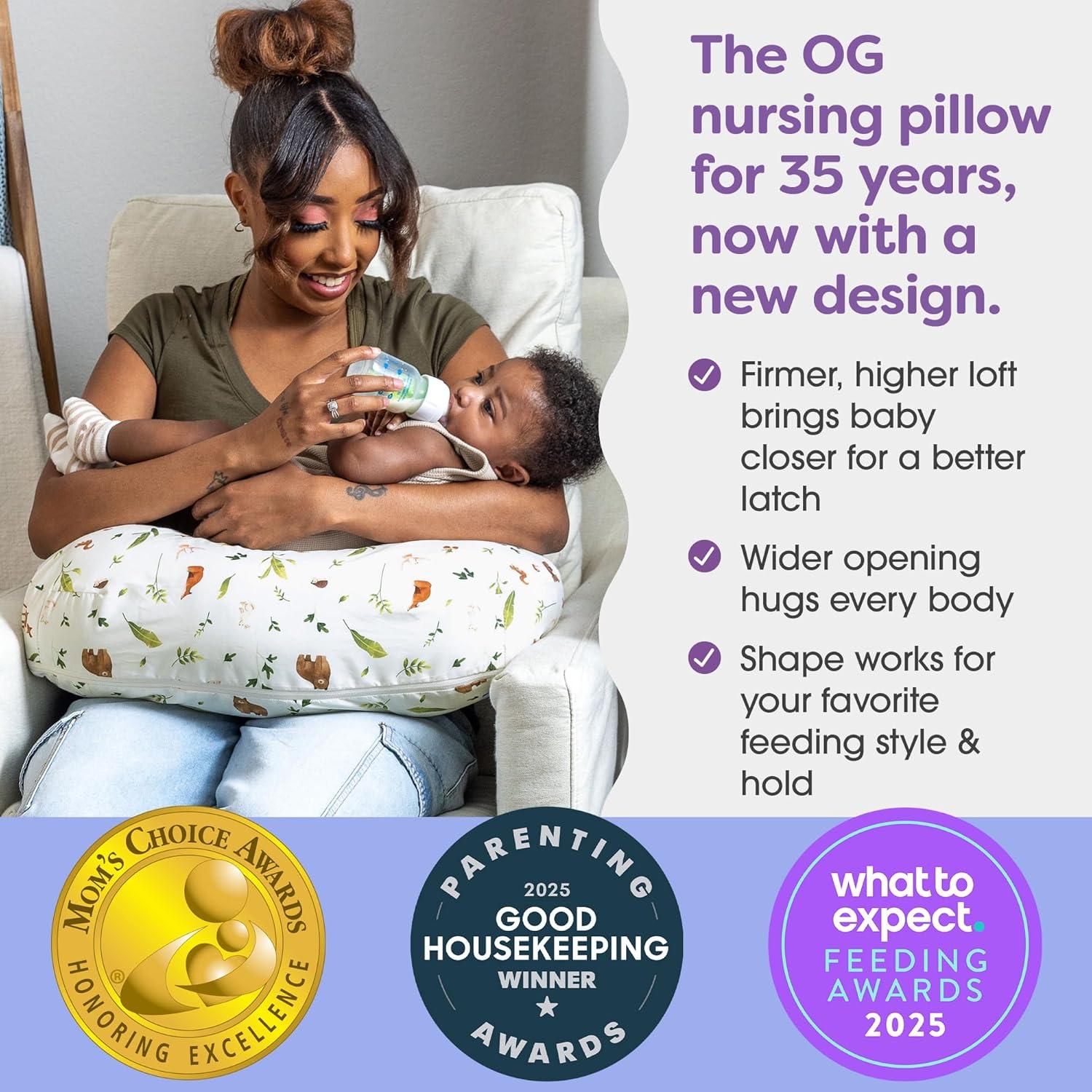 imageBoppy Nursing Pillow  Ergonomic Bottle ampamp Breastfeeding Pillow with High Firm Large Area WaterRepellent Cushion with Washable Cover Baby Safety Alliance Verified  Oatmeal BoucleNeutral Plants and Animals
