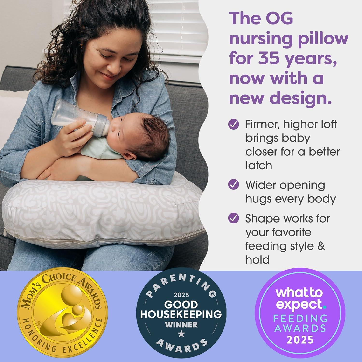 imageBoppy Nursing Pillow  Ergonomic Bottle ampamp Breastfeeding Pillow with High Firm Large Area WaterRepellent Cushion with Washable Cover Baby Safety Alliance Verified  Oatmeal BoucleCream Retro Squiggles