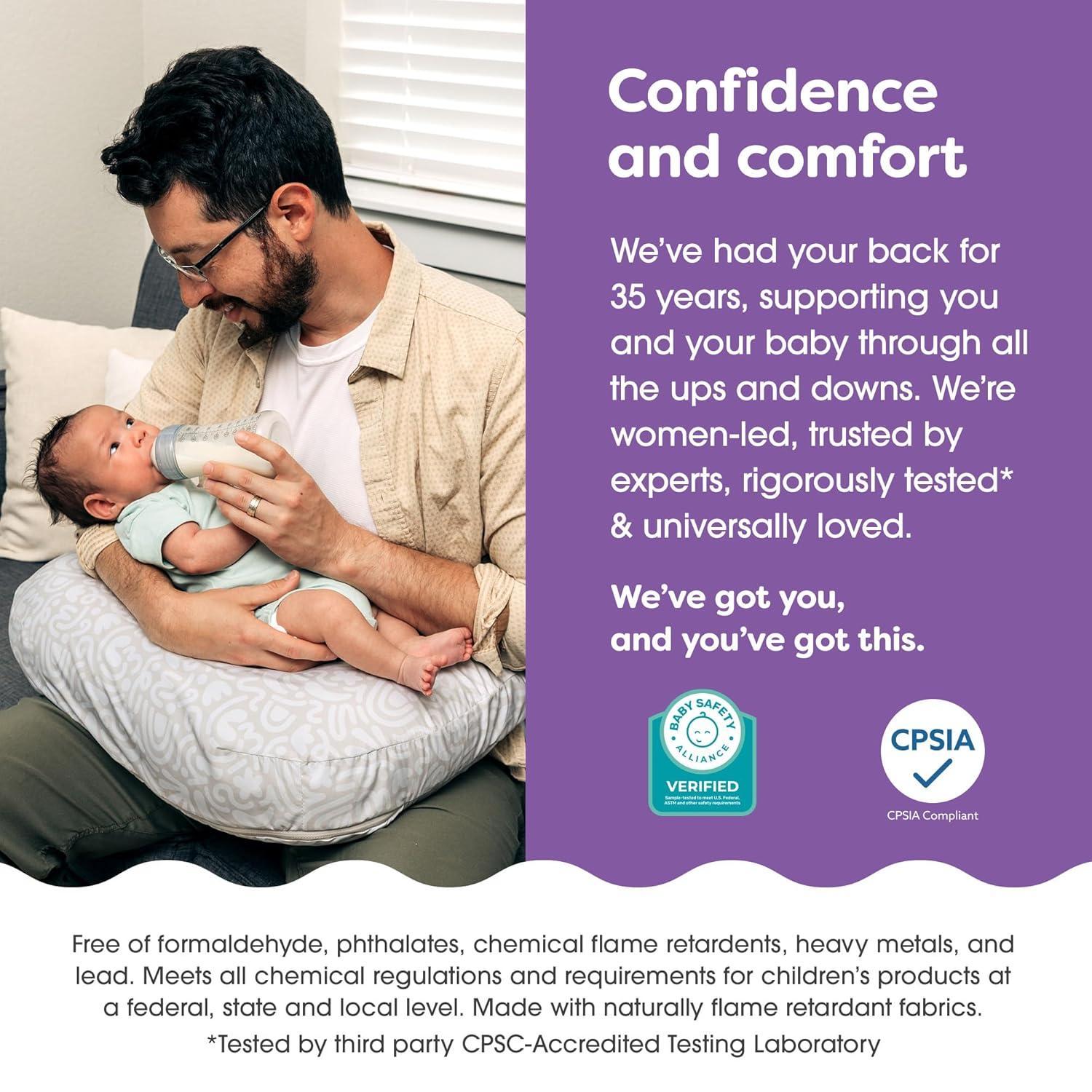 imageBoppy Nursing Pillow  Ergonomic Bottle ampamp Breastfeeding Pillow with High Firm Large Area WaterRepellent Cushion with Washable Cover Baby Safety Alliance Verified  Oatmeal BoucleCream Retro Squiggles