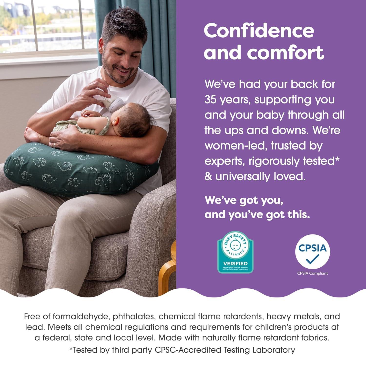 imageBoppy Nursing Pillow  Ergonomic Bottle ampamp Breastfeeding Pillow with High Firm Large Area WaterRepellent Cushion with Washable Cover Baby Safety Alliance Verified  Oatmeal BoucleForest Green Dinos