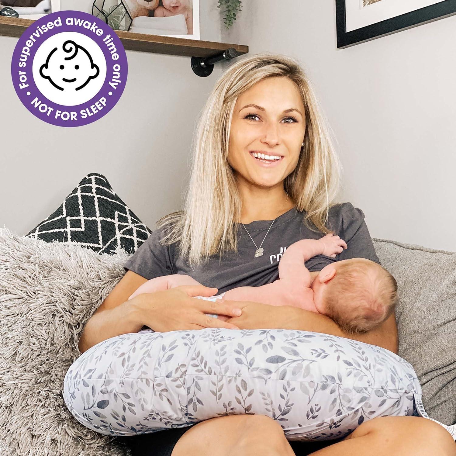 imageBoppy Nursing Pillow  Ergonomic Bottle ampamp Breastfeeding Pillow with High Firm Large Area WaterRepellent Cushion with Washable Cover Baby Safety Alliance Verified  Oatmeal BoucleGray Taupe Leaves