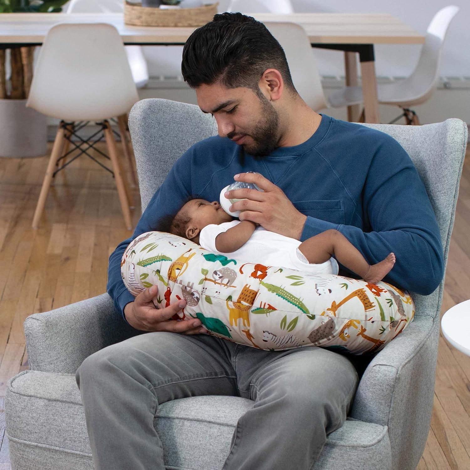 imageBoppy Nursing Pillow  Ergonomic Bottle ampamp Breastfeeding Pillow with High Firm Large Area WaterRepellent Cushion with Washable Cover Baby Safety Alliance Verified  Oatmeal BoucleNeutral Jungle Colors