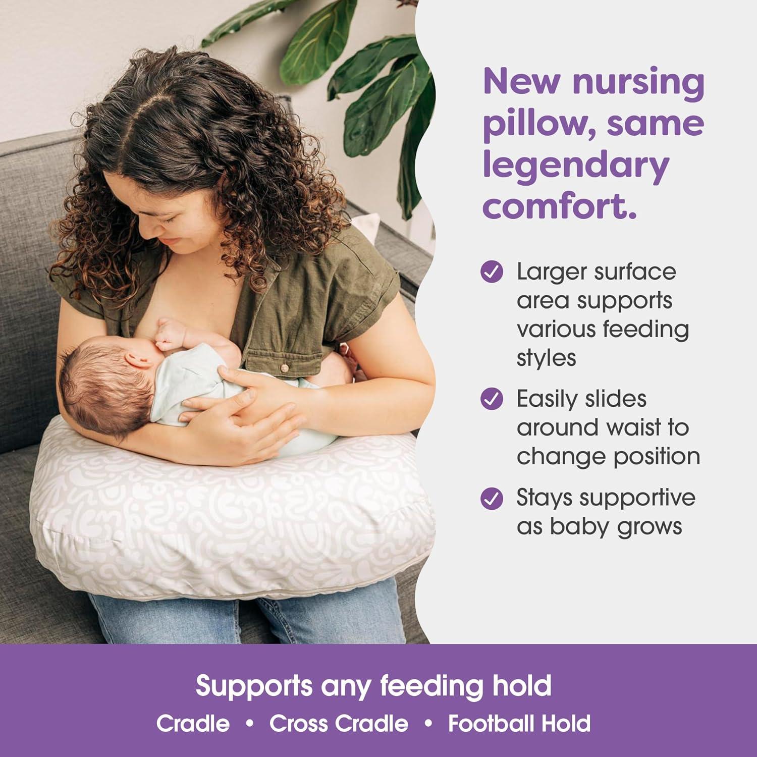 imageBoppy Nursing Pillow  Ergonomic Bottle ampamp Breastfeeding Pillow with High Firm Large Area WaterRepellent Cushion with Washable Cover Baby Safety Alliance Verified  Oatmeal BoucleCream Retro Squiggles