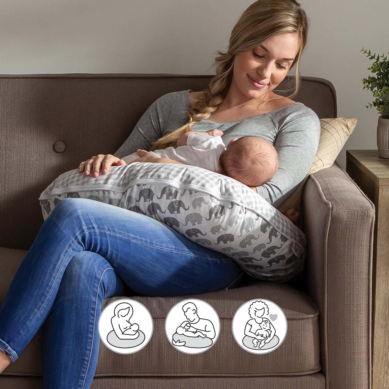 imageBoppy Nursing Pillow Cover Colorful Wildlife Cotton Blend Fits The Original Support for Breastfeeding Bottle Feeding and Bonding Cover Only Sold SeparatelyGray Elephants Plaid