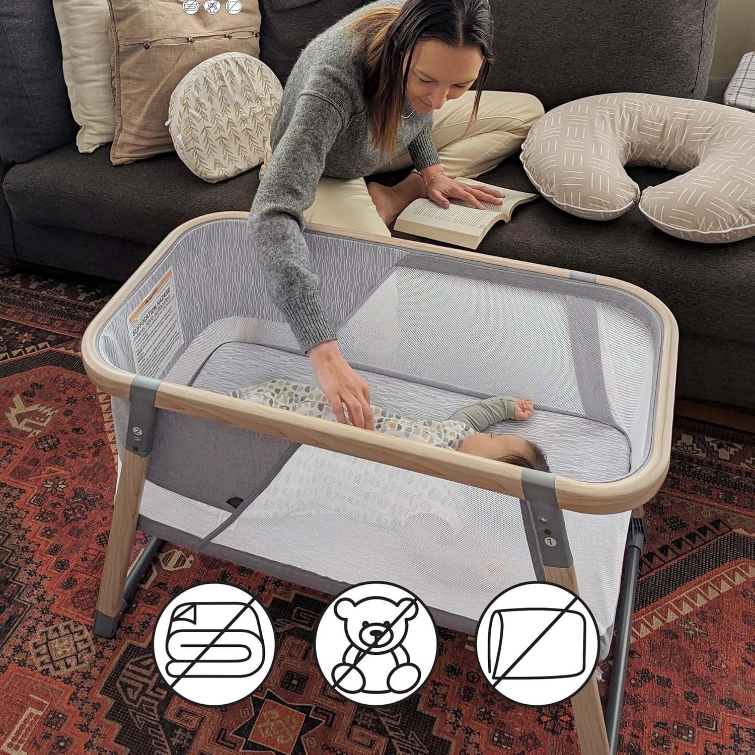 imageBoppy Portable Baby Bassinet  Lightweight Low FoldFlat Travel Bassinet with Mesh Sides AntiTilt 2 Custom Fitted Mattress Covers ampamp No Assembly  Gray Pickup SticksBoppy Bassinet