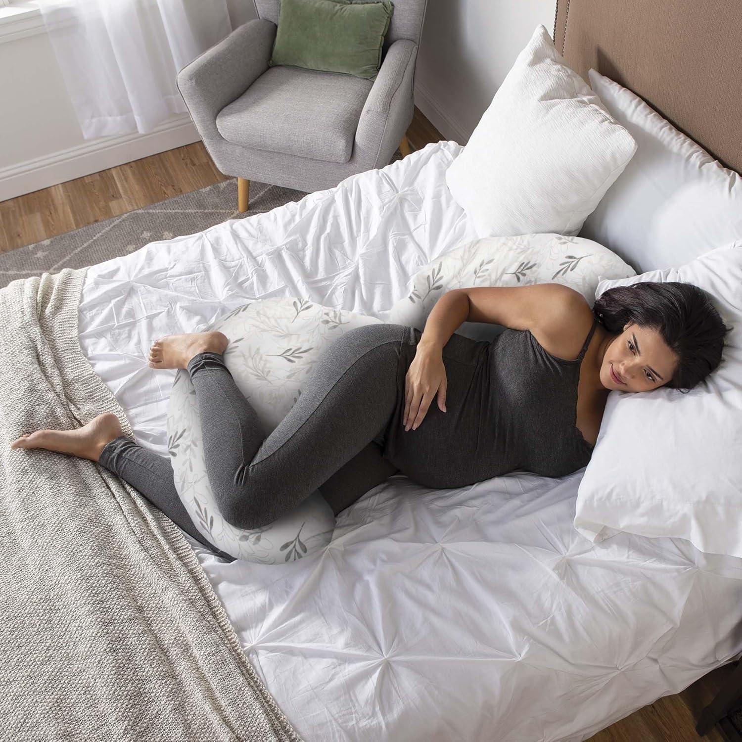 imageBoppy Total Body Pregnancy Pillow Gray Scattered Leaves Supportive Pregnancy Body Pillow for Versatile Full Body Use Contoured Shape at All StagesGray Wispy Leaves