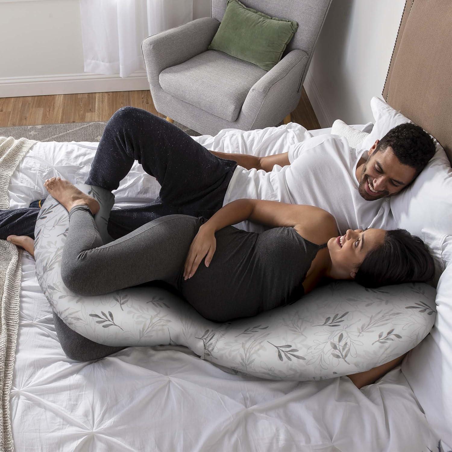 imageBoppy Total Body Pregnancy Pillow Gray Scattered Leaves Supportive Pregnancy Body Pillow for Versatile Full Body Use Contoured Shape at All StagesGray Wispy Leaves