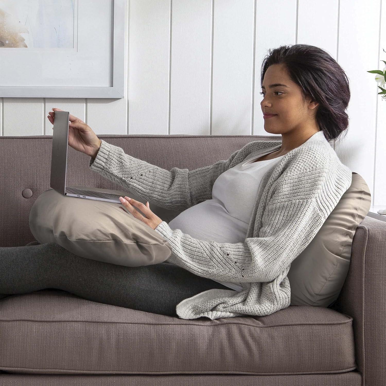 imageBoppy Total Body Pregnancy Pillow Gray Scattered Leaves Supportive Pregnancy Body Pillow for Versatile Full Body Use Contoured Shape at All StagesOrganic Biscuit