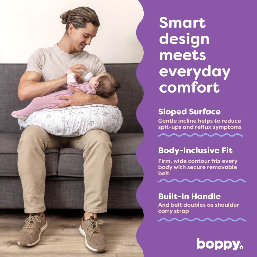 imageBoppy Uplift Nursing Pillow  Wedge Bottle ampamp Breastfeeding Pillow to Reduce SpitUp and Reflux Symptoms with BodyInclusive Opening and Belt Baby Safety Alliance Verified  Pink Garden FlowersGray Gentle Leaves