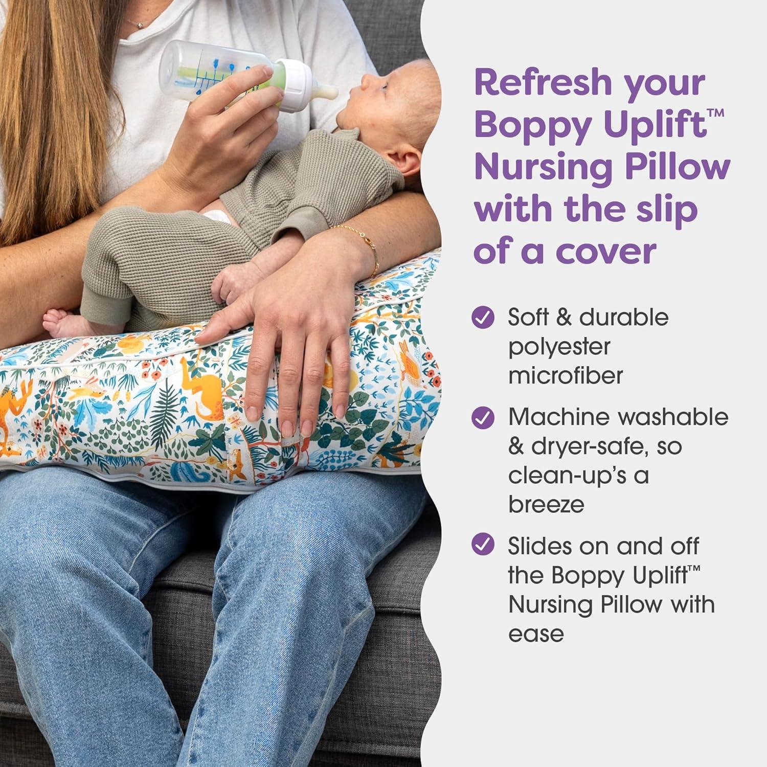 imageBoppy Uplift Nursing Pillow  Wedge Bottle ampamp Breastfeeding Pillow to Reduce SpitUp and Reflux Symptoms with BodyInclusive Opening and Belt Baby Safety Alliance Verified  Pink Garden FlowersColorful Forest Animals
