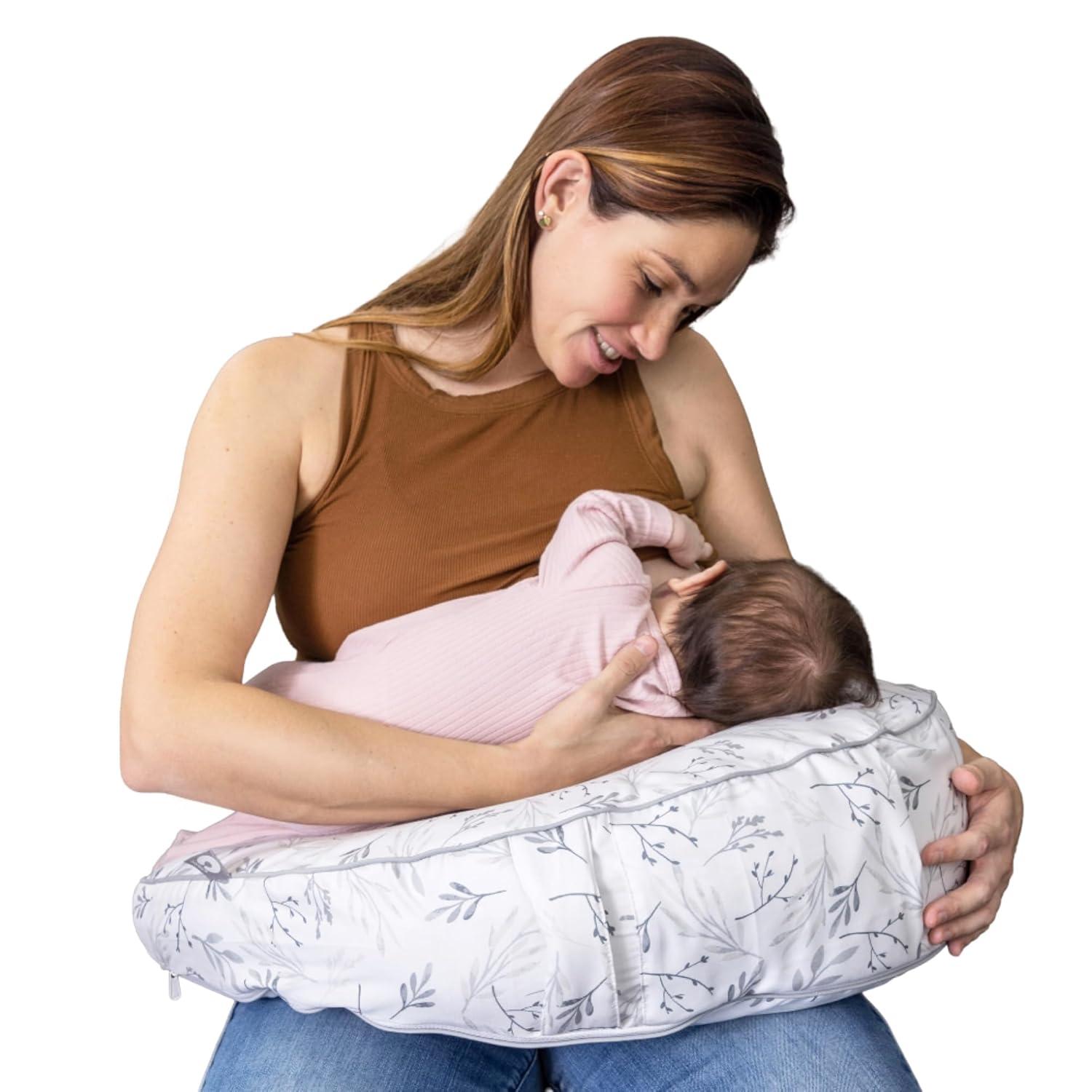 imageBoppy Uplift Nursing Pillow  Wedge Bottle ampamp Breastfeeding Pillow to Reduce SpitUp and Reflux Symptoms with BodyInclusive Opening and Belt Baby Safety Alliance Verified  Pink Garden FlowersGray Gentle Leaves