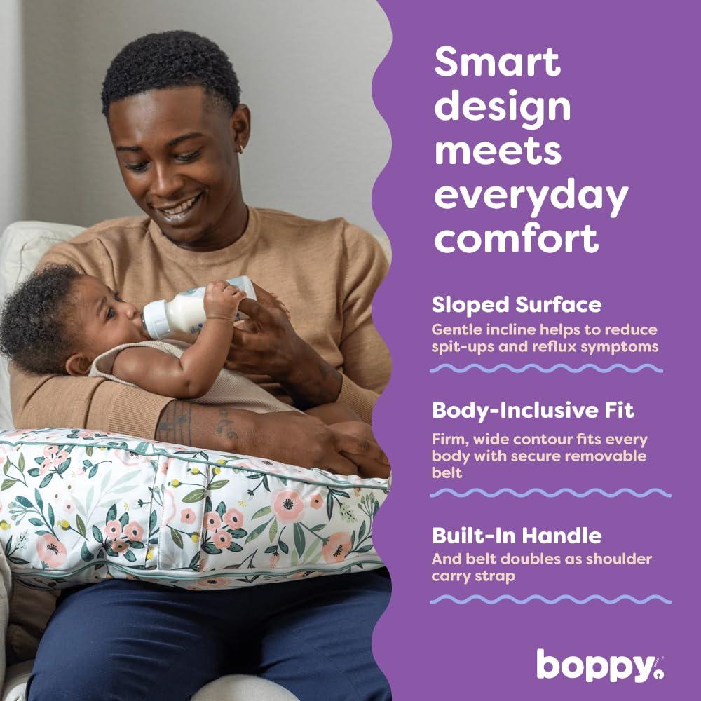 imageBoppy Uplift Nursing Pillow  Wedge Bottle ampamp Breastfeeding Pillow to Reduce SpitUp and Reflux Symptoms with BodyInclusive Opening and Belt Baby Safety Alliance Verified  Pink Garden FlowersPink Garden Flowers