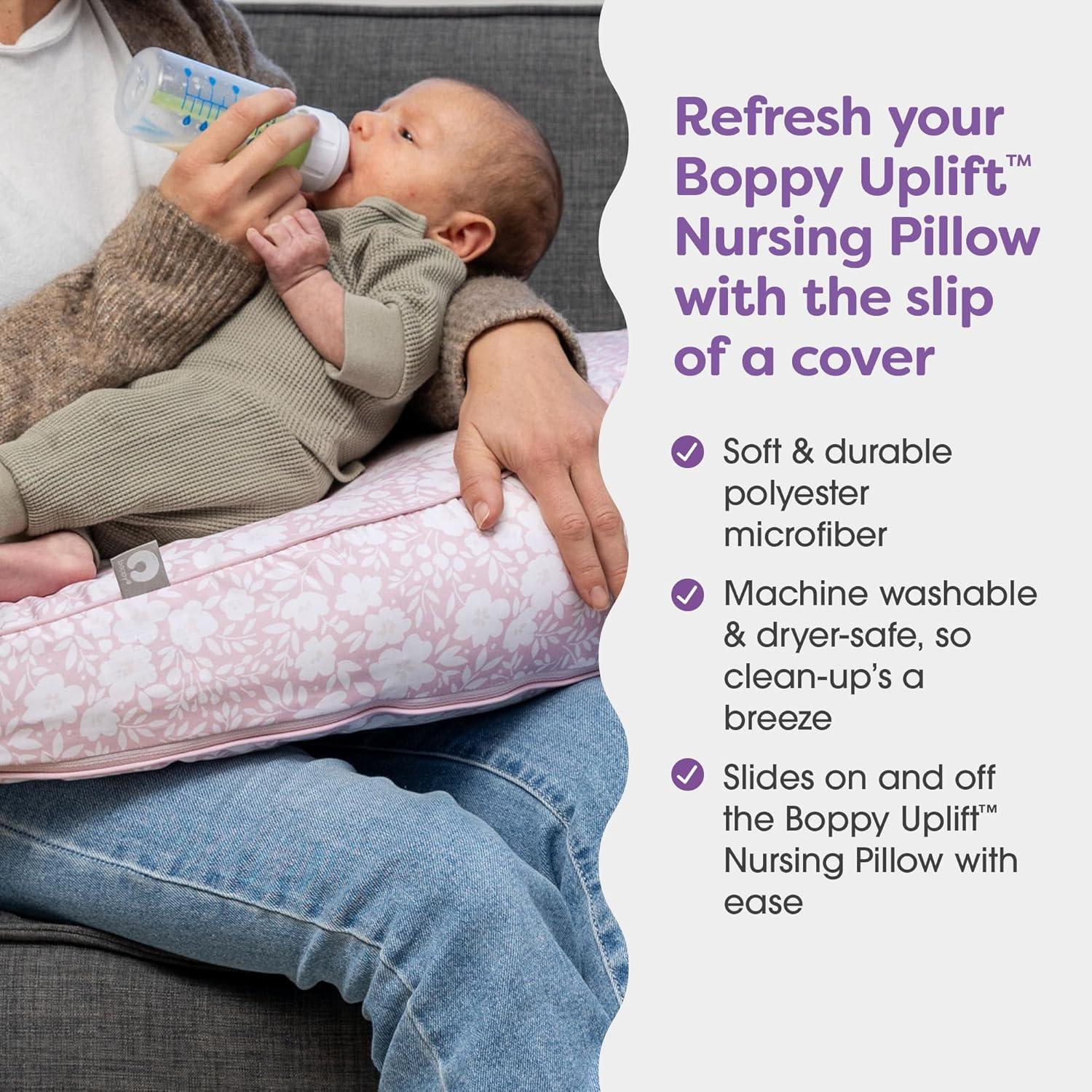 imageBoppy Uplift Nursing Pillow  Wedge Bottle ampamp Breastfeeding Pillow to Reduce SpitUp and Reflux Symptoms with BodyInclusive Opening and Belt Baby Safety Alliance Verified  Pink Garden FlowersPink Frost Floral