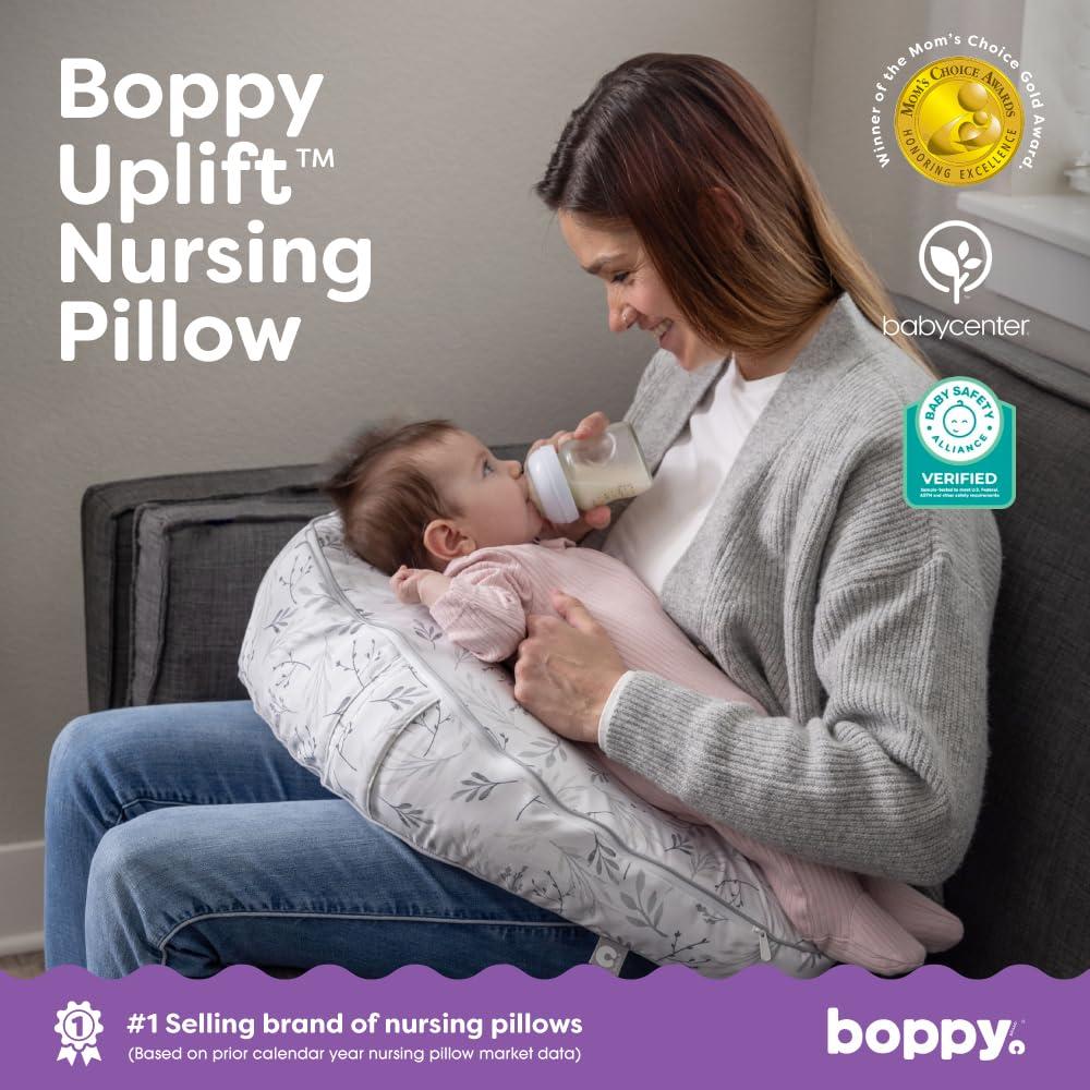 imageBoppy Uplift Nursing Pillow  Wedge Bottle ampamp Breastfeeding Pillow to Reduce SpitUp and Reflux Symptoms with BodyInclusive Opening and Belt Baby Safety Alliance Verified  Pink Garden FlowersGray Gentle Leaves