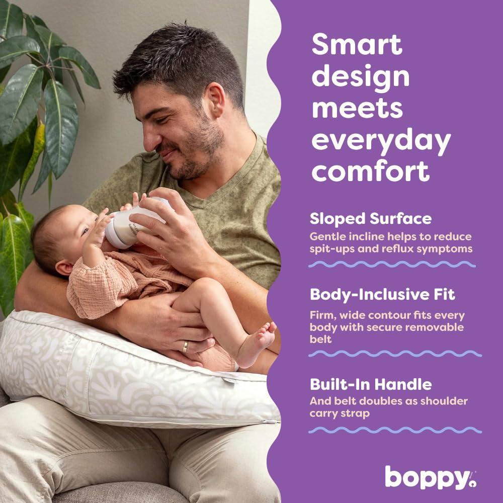 imageBoppy Uplift Nursing Pillow  Wedge Bottle ampamp Breastfeeding Pillow to Reduce SpitUp and Reflux Symptoms with BodyInclusive Opening and Belt Baby Safety Alliance Verified  Pink Garden FlowersCream Retro Squiggles