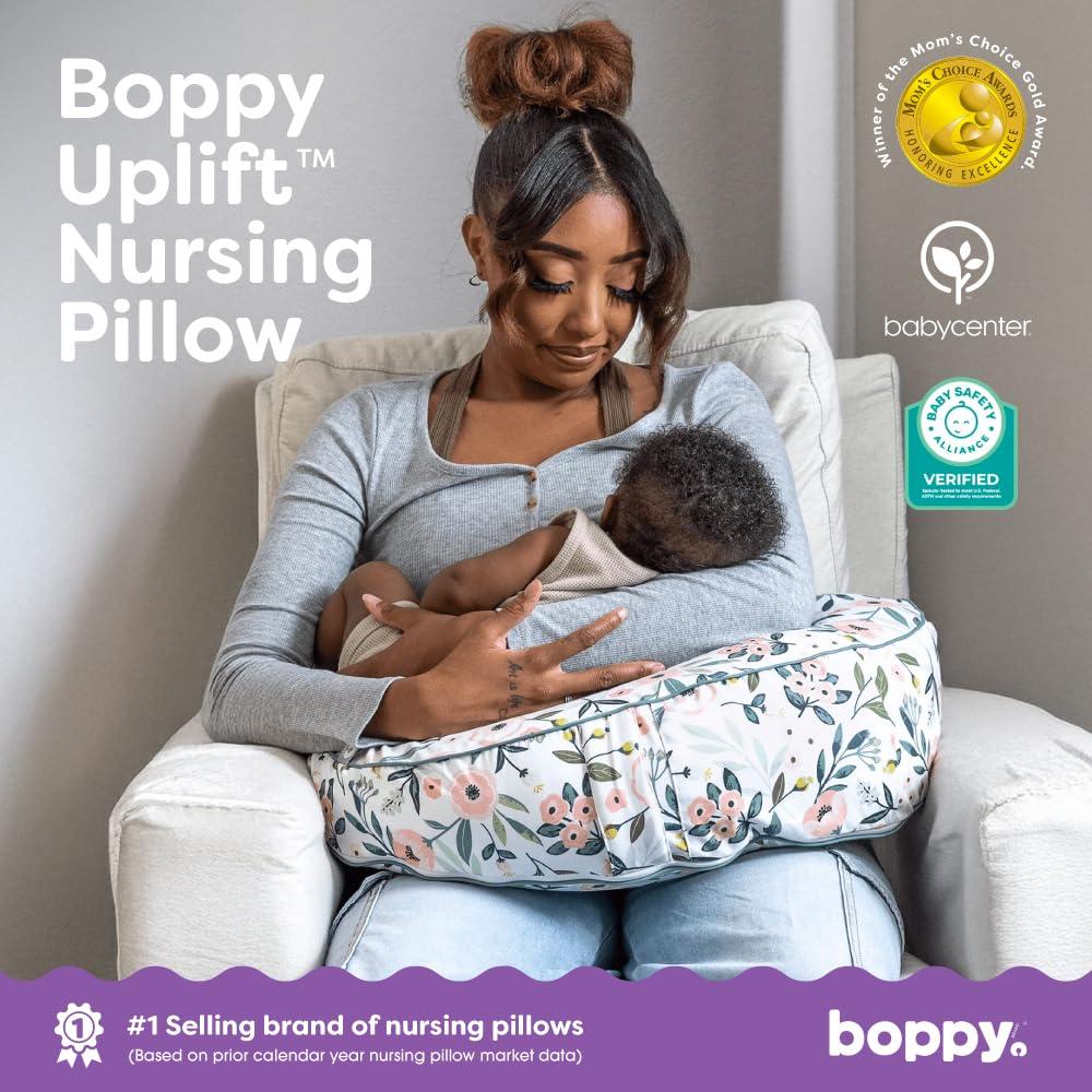 imageBoppy Uplift Nursing Pillow  Wedge Bottle ampamp Breastfeeding Pillow to Reduce SpitUp and Reflux Symptoms with BodyInclusive Opening and Belt Baby Safety Alliance Verified  Pink Garden FlowersPink Garden Flowers