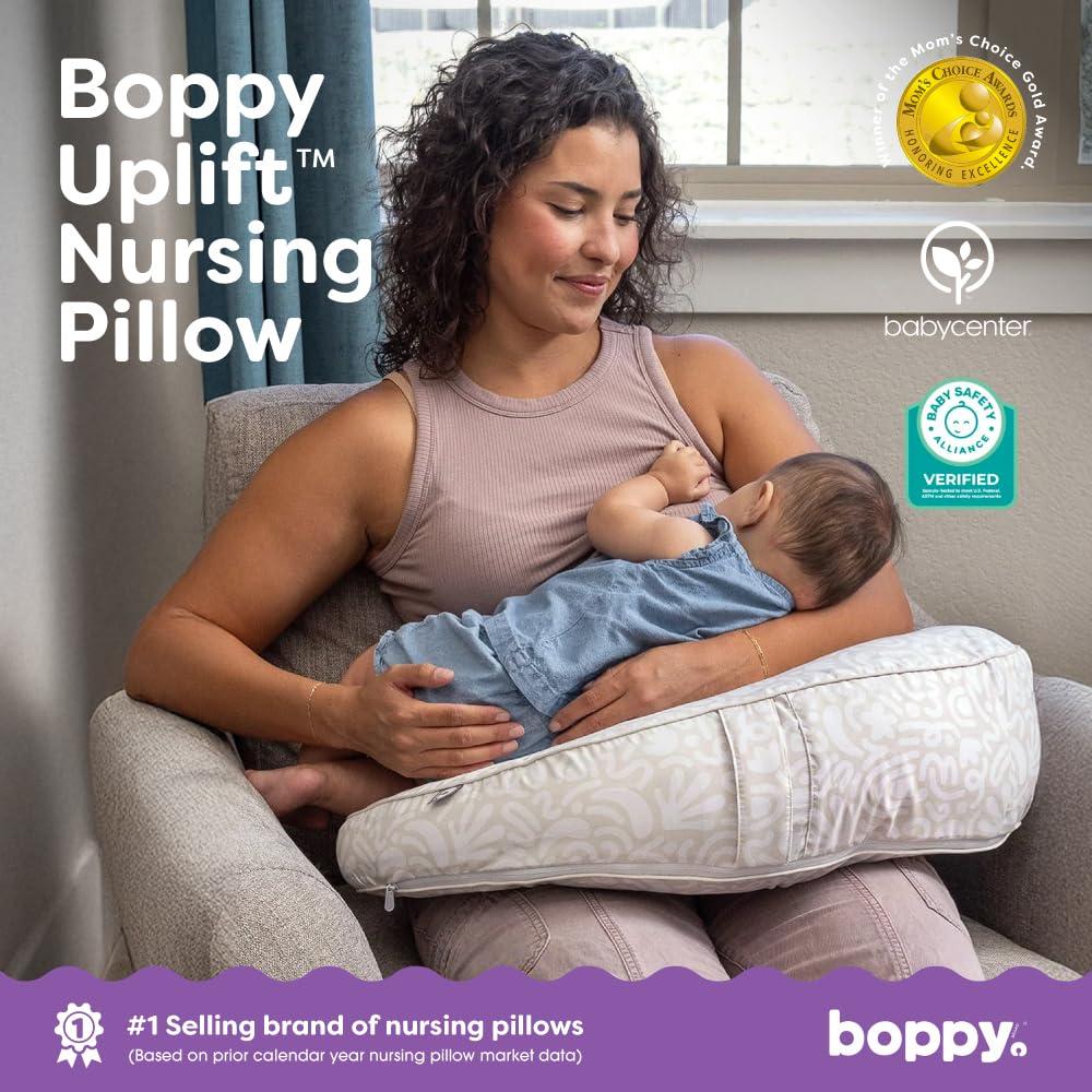 imageBoppy Uplift Nursing Pillow  Wedge Bottle ampamp Breastfeeding Pillow to Reduce SpitUp and Reflux Symptoms with BodyInclusive Opening and Belt Baby Safety Alliance Verified  Pink Garden FlowersCream Retro Squiggles
