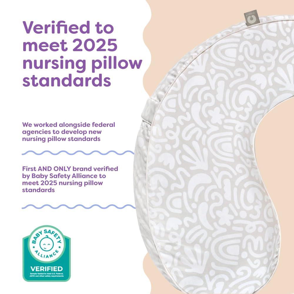 imageBoppy Uplift Nursing Pillow  Wedge Bottle ampamp Breastfeeding Pillow to Reduce SpitUp and Reflux Symptoms with BodyInclusive Opening and Belt Baby Safety Alliance Verified  Pink Garden FlowersCream Retro Squiggles