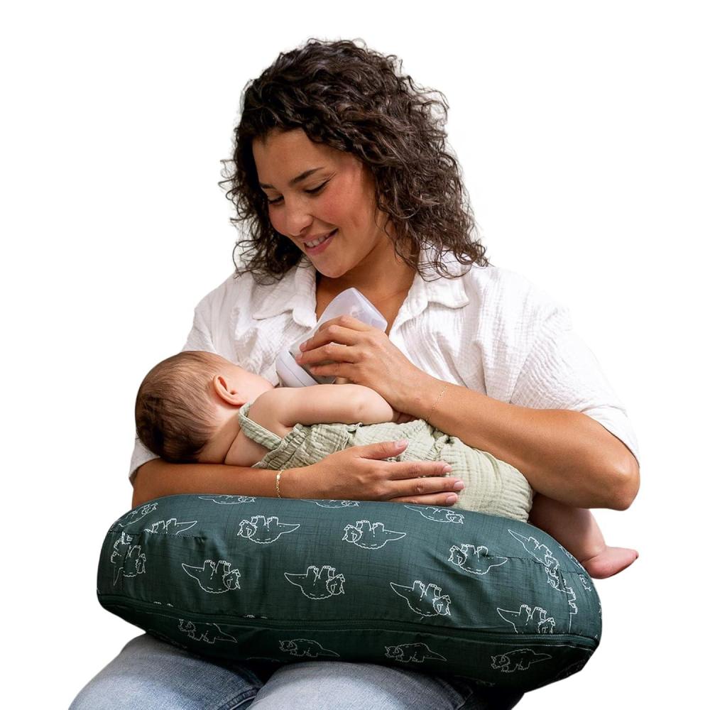 imageBoppy Nursing Pillow  Ergonomic Bottle ampamp Breastfeeding Pillow with High Firm Large Area WaterRepellent Cushion with Washable Cover Baby Safety Alliance Verified  Oatmeal BoucleForest Green Dinos