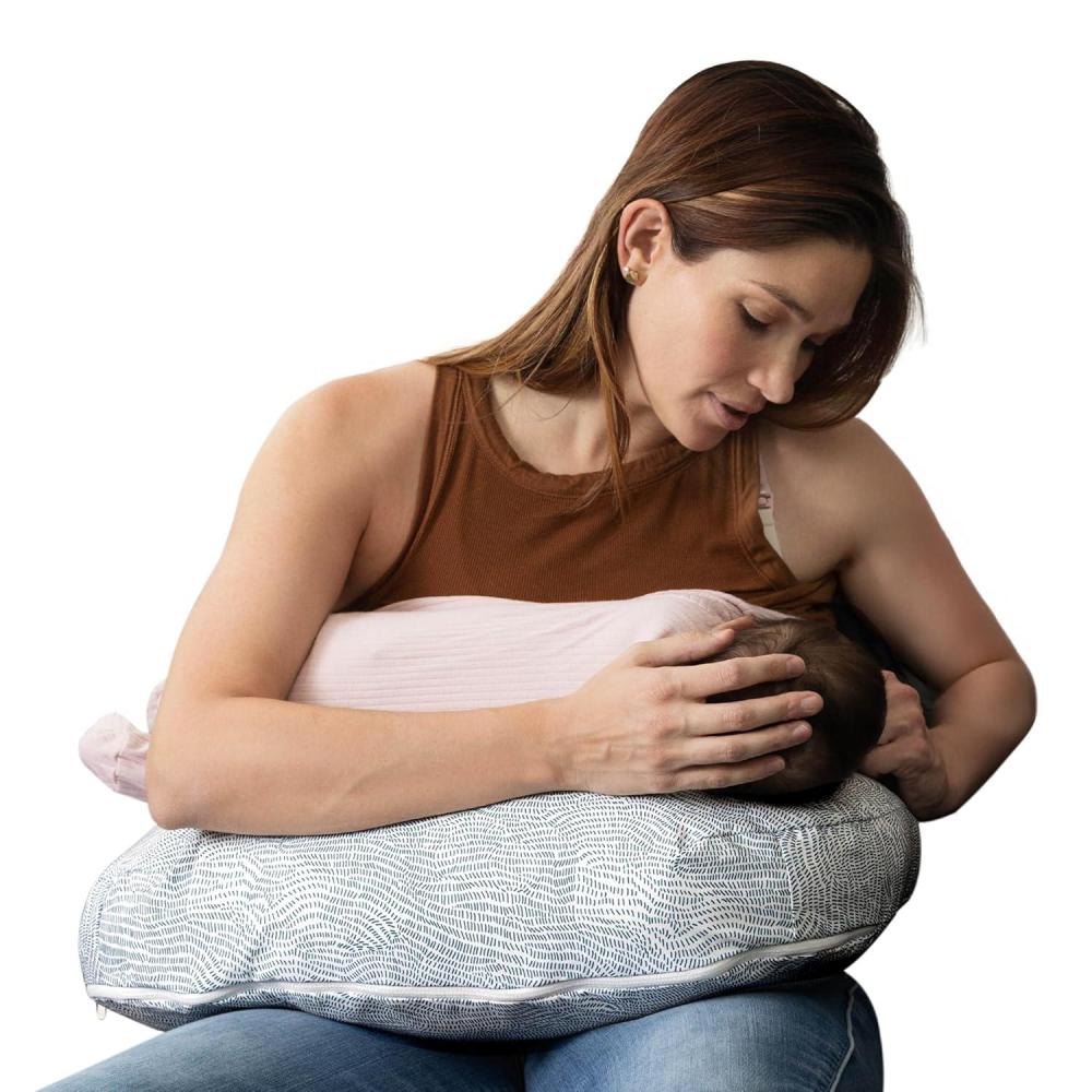 imageBoppy Nursing Pillow  Ergonomic Bottle ampamp Breastfeeding Pillow with High Firm Large Area WaterRepellent Cushion with Washable Cover Baby Safety Alliance Verified  Oatmeal BoucleBlue Speckled Current