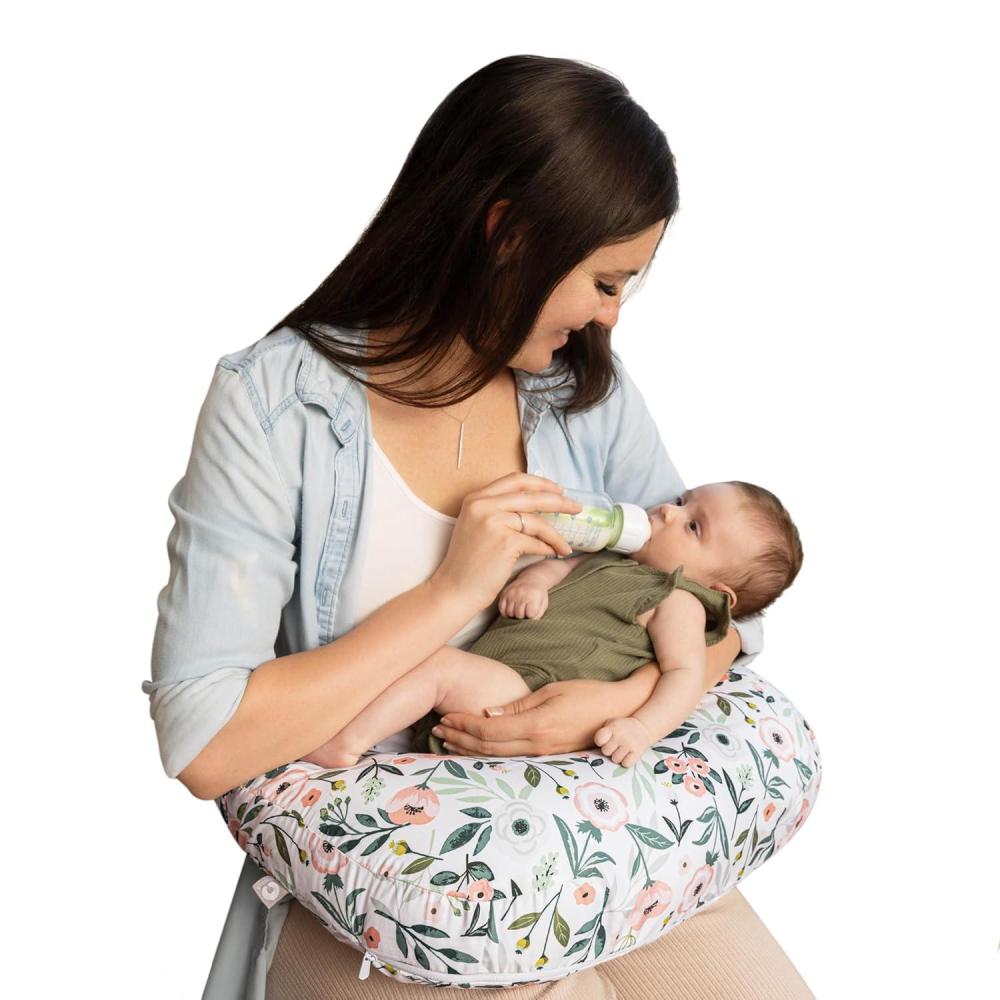imageBoppy Nursing Pillow  Ergonomic Bottle ampamp Breastfeeding Pillow with High Firm Large Area WaterRepellent Cushion with Washable Cover Baby Safety Alliance Verified  Oatmeal BouclePink Garden Flowers