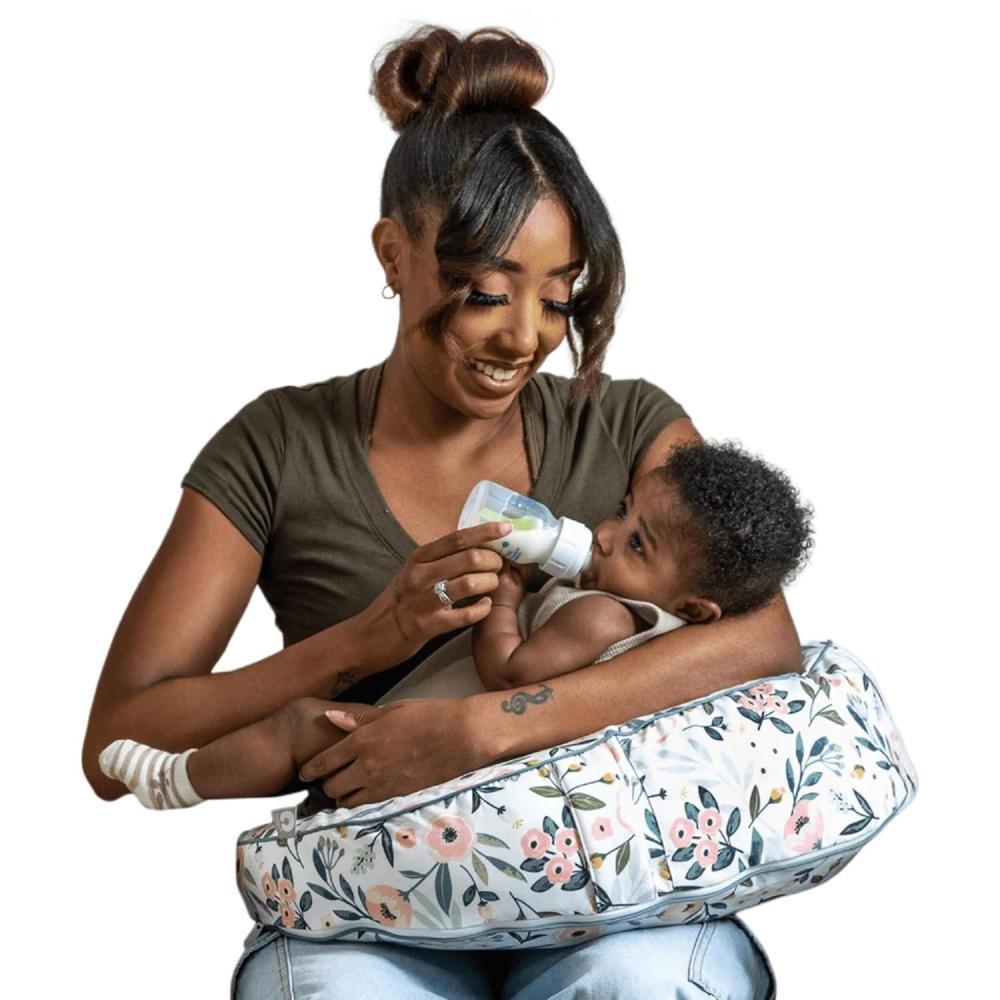 imageBoppy Uplift Nursing Pillow  Wedge Bottle ampamp Breastfeeding Pillow to Reduce SpitUp and Reflux Symptoms with BodyInclusive Opening and Belt Baby Safety Alliance Verified  Pink Garden FlowersPink Garden Flowers