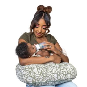Boppy Nursing Pillow – Ergonomic Bottle & Breastfeeding Pillow with High, Firm, Large Area, Water-Repellent Cushion with Washable Cover; Baby Safety Alliance Verified – Oatmeal Boucle(Organic – Green Cut Out Leaves)