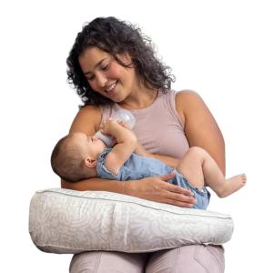 Boppy Uplift Nursing Pillow – Wedge Bottle & Breastfeeding Pillow to Reduce Spit-Up and Reflux Symptoms, with Body-Inclusive Opening and Belt, Baby Safety Alliance Verified – Pink Garden Flowers(Cream Retro Squiggles)