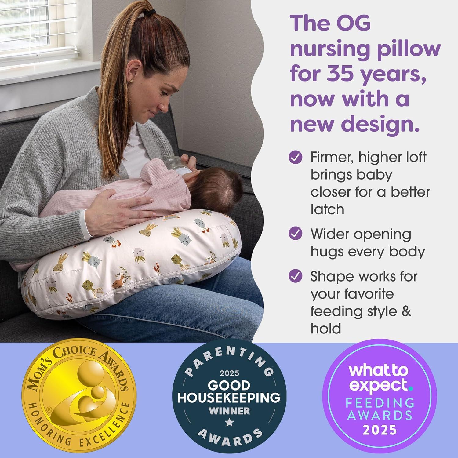 imageBoppy Nursing Pillow Ergonomic Bottle ampamp Breastfeeding Pillow with High Firm Large Area WaterRepellent Cushion with Washable Cover Baby Safety Alliance Verified Quilted MossTan Happy Houseplants