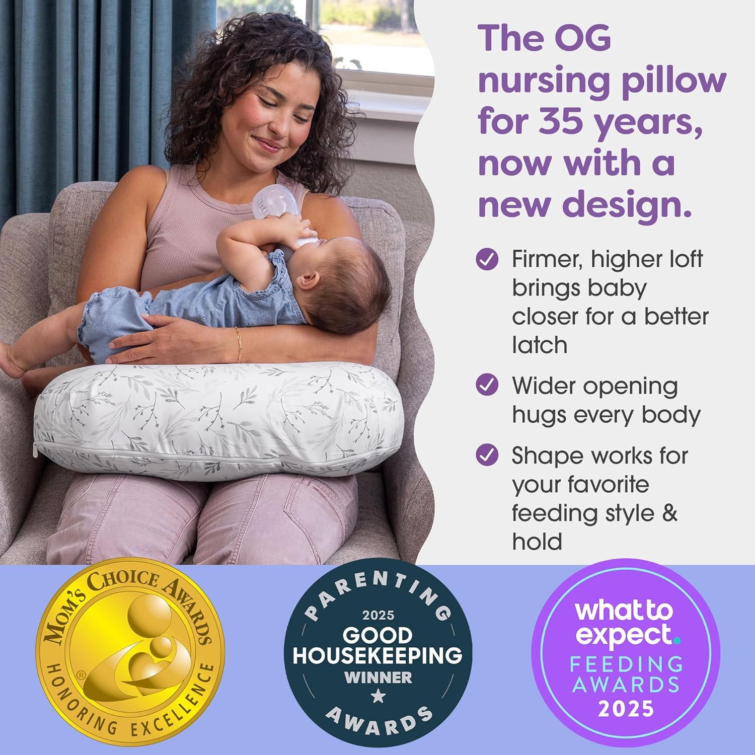 imageBoppy Nursing Pillow Ergonomic Bottle ampamp Breastfeeding Pillow with High Firm Large Area WaterRepellent Cushion with Washable Cover Baby Safety Alliance Verified Quilted MossGray Gentle Leaves