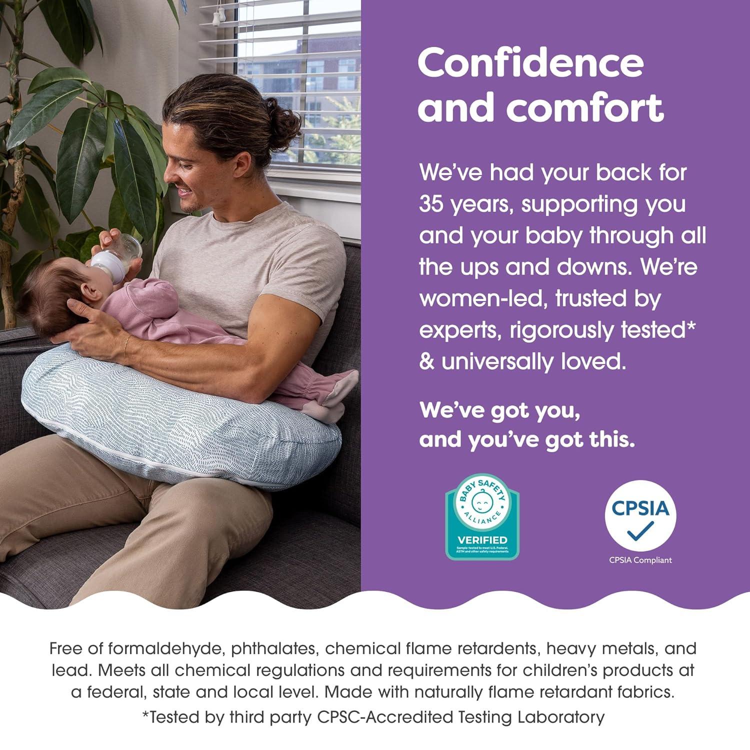 imageBoppy Nursing Pillow Ergonomic Bottle ampamp Breastfeeding Pillow with High Firm Large Area WaterRepellent Cushion with Washable Cover Baby Safety Alliance Verified Quilted MossBlue Speckled Current