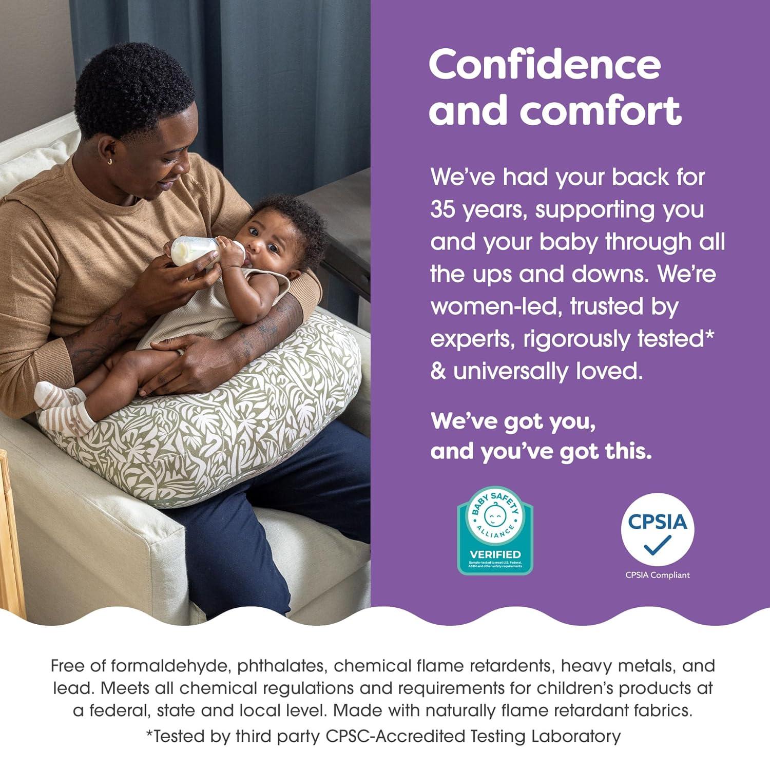 imageBoppy Nursing Pillow Ergonomic Bottle ampamp Breastfeeding Pillow with High Firm Large Area WaterRepellent Cushion with Washable Cover Baby Safety Alliance Verified Quilted MossOrganic Green Cut Out Leaves