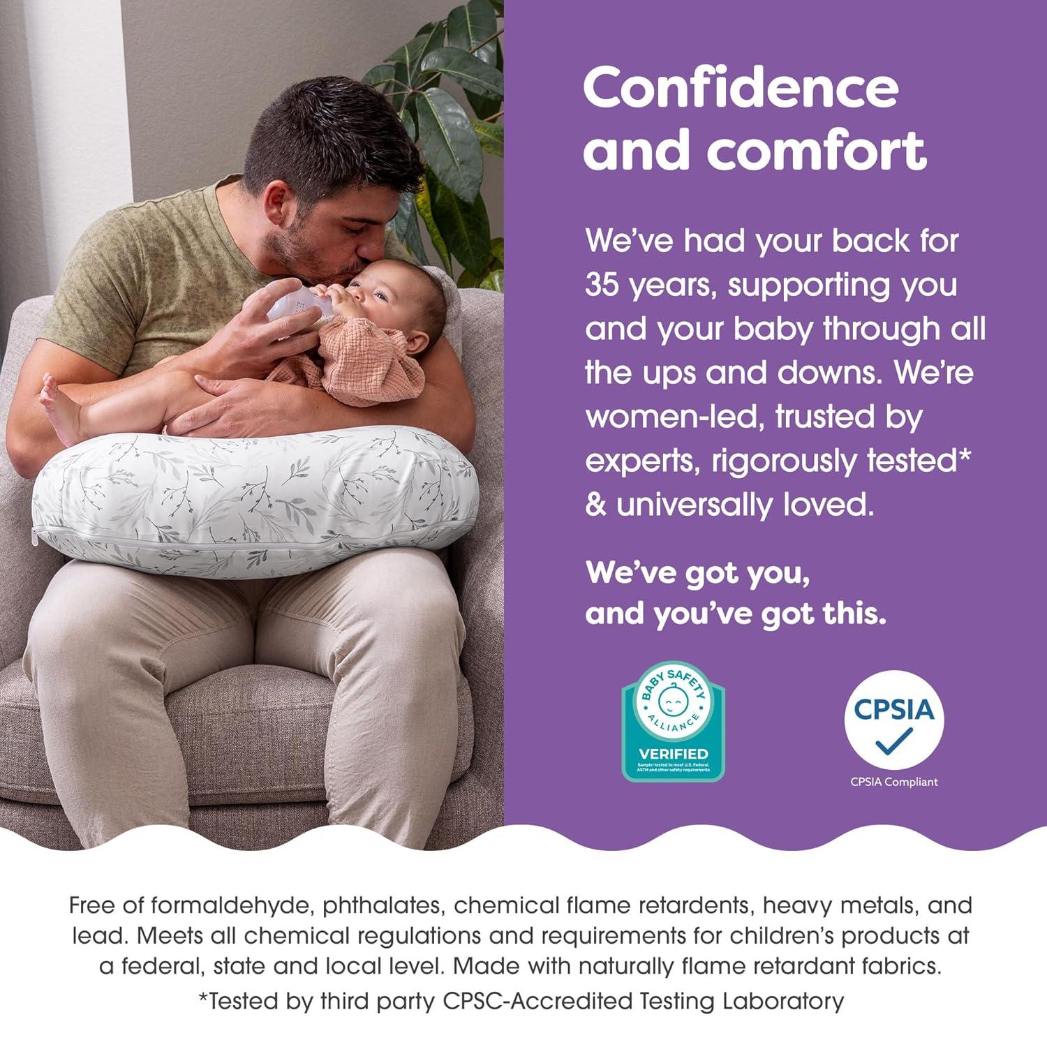 imageBoppy Nursing Pillow Ergonomic Bottle ampamp Breastfeeding Pillow with High Firm Large Area WaterRepellent Cushion with Washable Cover Baby Safety Alliance Verified Quilted MossGray Gentle Leaves