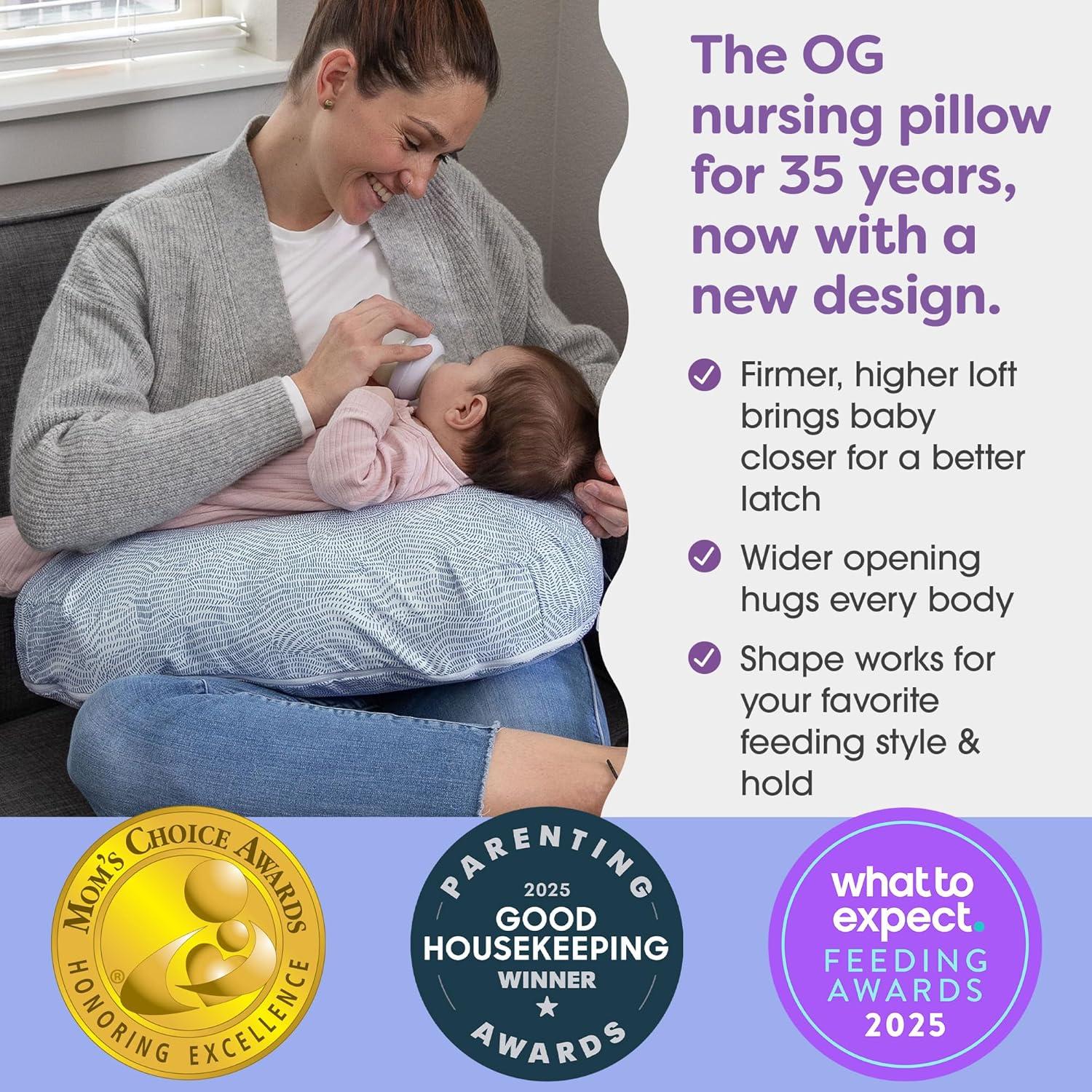 imageBoppy Nursing Pillow Ergonomic Bottle ampamp Breastfeeding Pillow with High Firm Large Area WaterRepellent Cushion with Washable Cover Baby Safety Alliance Verified Quilted MossBlue Speckled Current