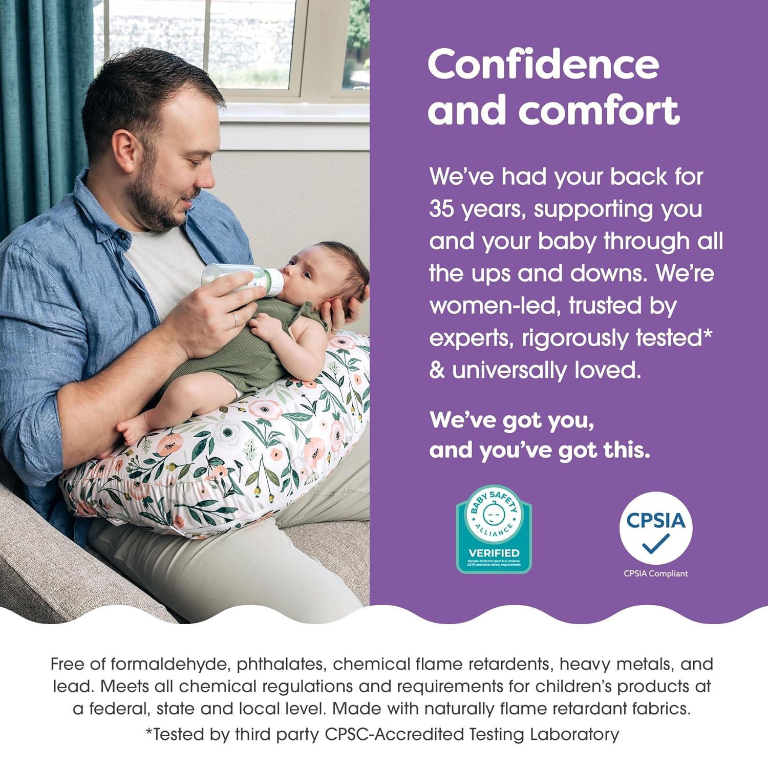 imageBoppy Nursing Pillow Ergonomic Bottle ampamp Breastfeeding Pillow with High Firm Large Area WaterRepellent Cushion with Washable Cover Baby Safety Alliance Verified Quilted MossPink Garden Flowers