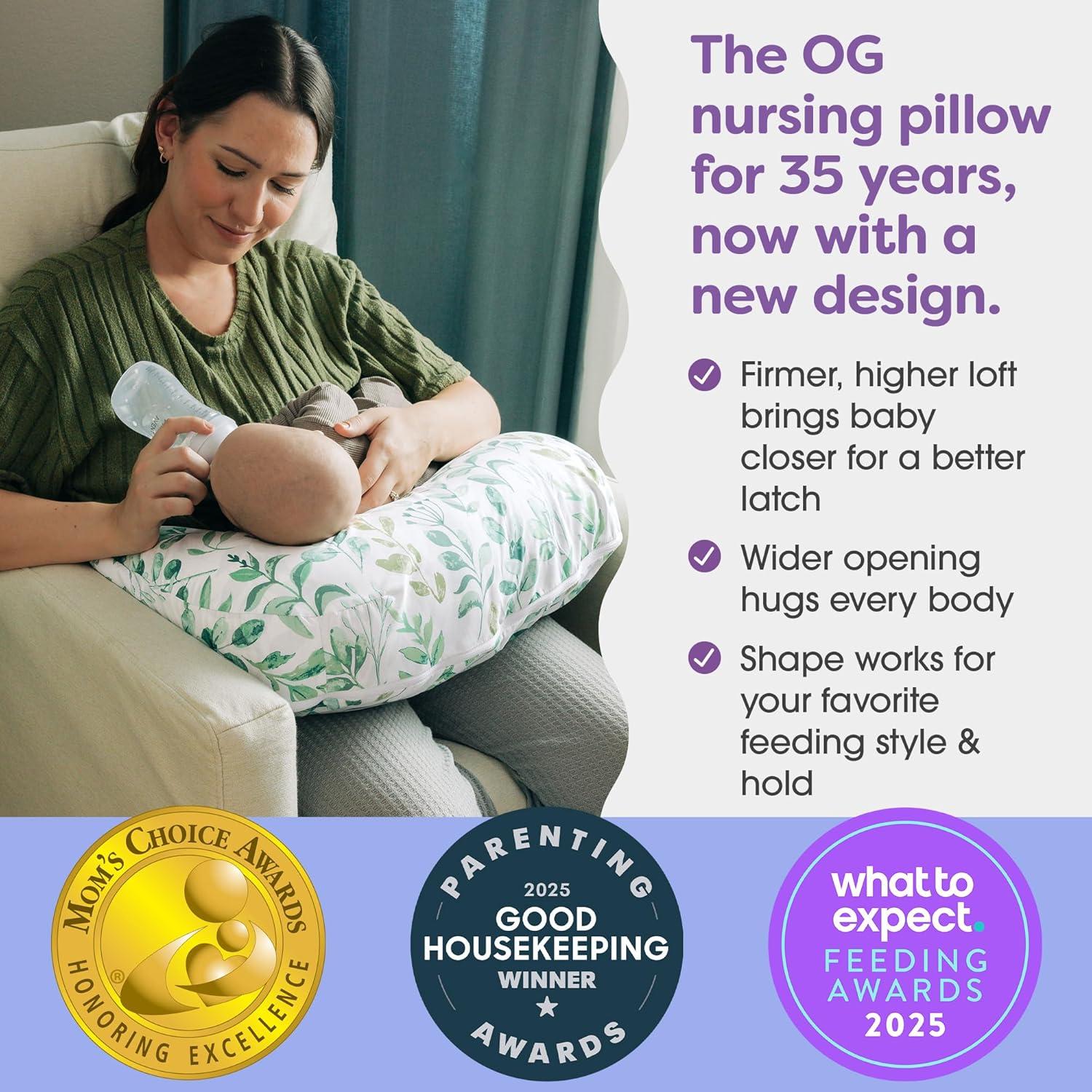 imageBoppy Nursing Pillow Ergonomic Bottle ampamp Breastfeeding Pillow with High Firm Large Area WaterRepellent Cushion with Washable Cover Baby Safety Alliance Verified Quilted MossGreen Sage Leaf