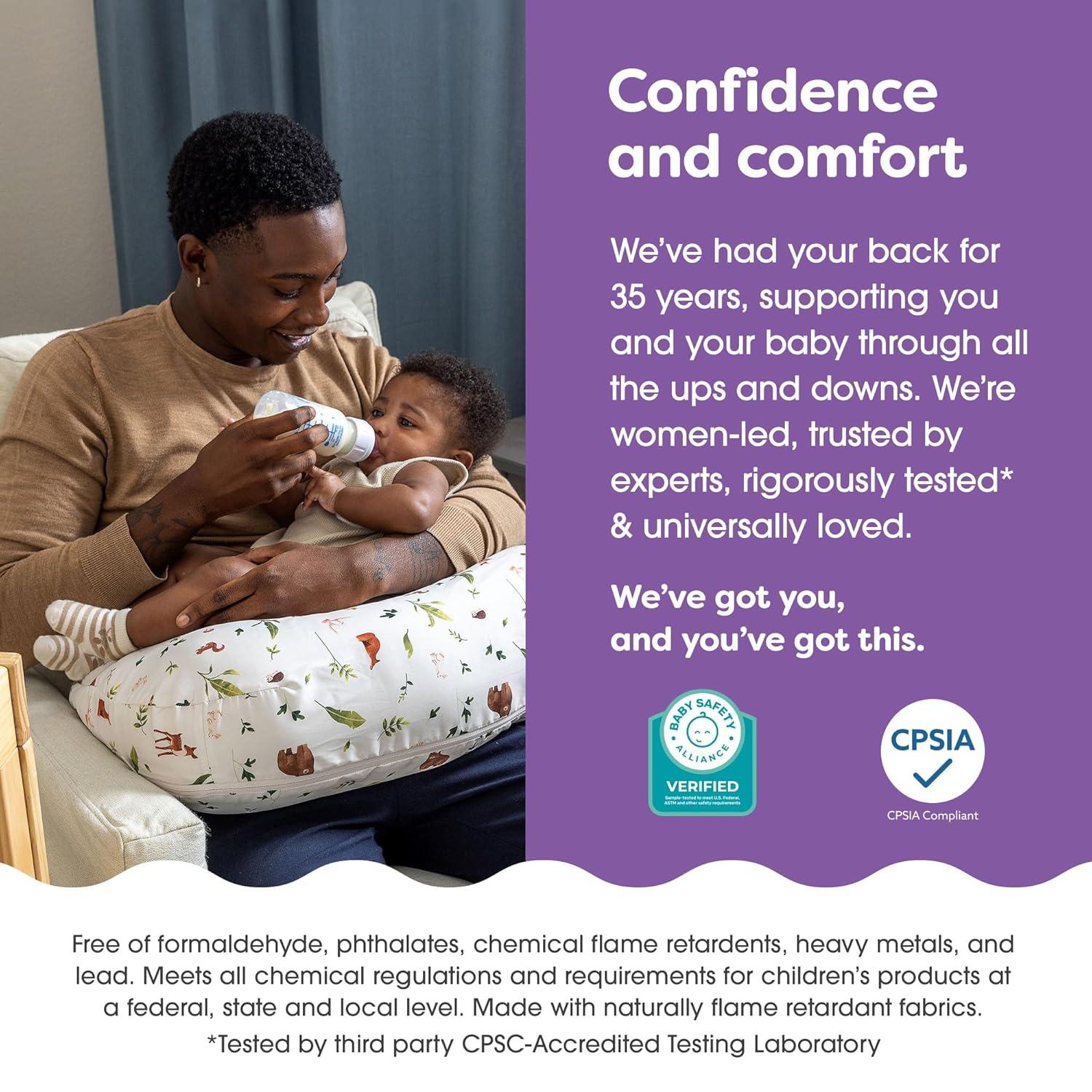 imageBoppy Nursing Pillow Ergonomic Bottle ampamp Breastfeeding Pillow with High Firm Large Area WaterRepellent Cushion with Washable Cover Baby Safety Alliance Verified Quilted MossNeutral Plants and Animals