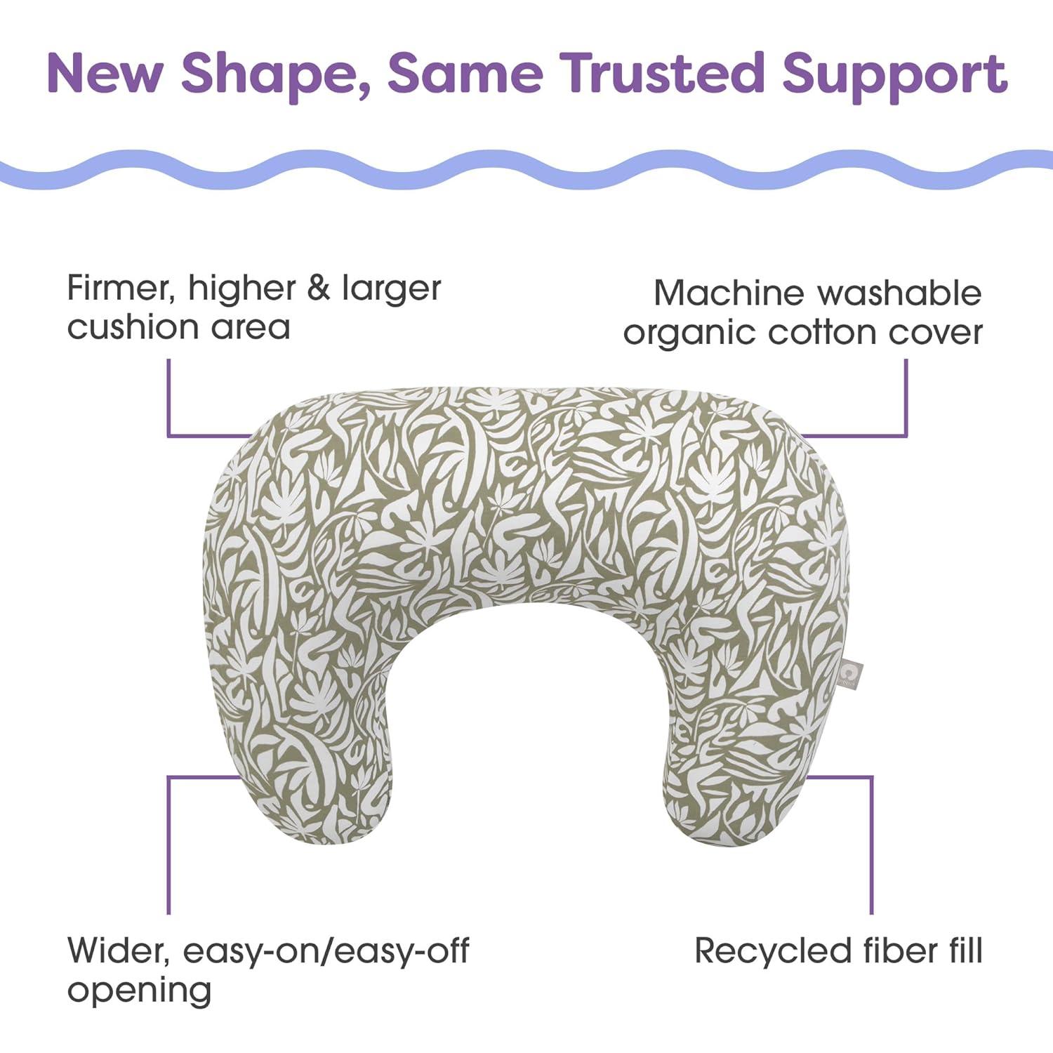 imageBoppy Nursing Pillow Ergonomic Bottle ampamp Breastfeeding Pillow with High Firm Large Area WaterRepellent Cushion with Washable Cover Baby Safety Alliance Verified Quilted MossOrganic Green Cut Out Leaves