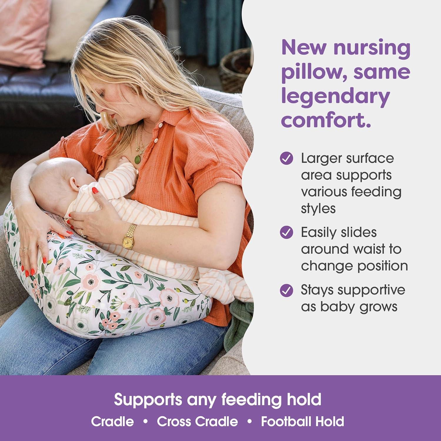 imageBoppy Nursing Pillow Ergonomic Bottle ampamp Breastfeeding Pillow with High Firm Large Area WaterRepellent Cushion with Washable Cover Baby Safety Alliance Verified Quilted MossPink Garden Flowers