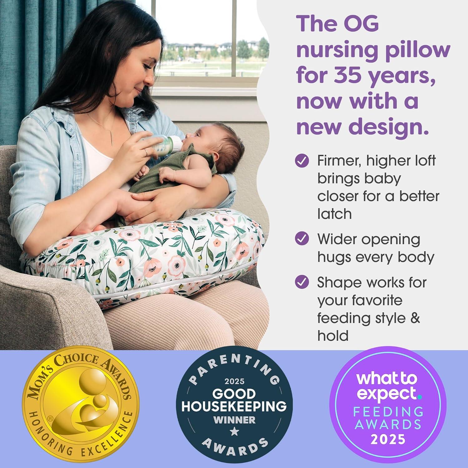 imageBoppy Nursing Pillow Ergonomic Bottle ampamp Breastfeeding Pillow with High Firm Large Area WaterRepellent Cushion with Washable Cover Baby Safety Alliance Verified Quilted MossPink Garden Flowers